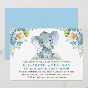 Waterverf Blue Floral Baby shower Elephant Kaart