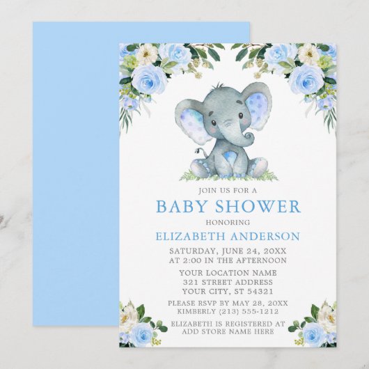 Waterverf Blue Floral Baby shower Elephant Kaart (Voorkant / Achterkant)