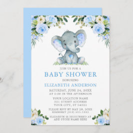 Waterverf Blue Floral Baby shower Elephant Kaart