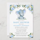 Waterverf Blue Floral Baby shower Elephant Silver Kaart (Voorkant)