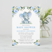 Waterverf Blue Floral Baby shower Elephant Silver Kaart (Staand voorkant)