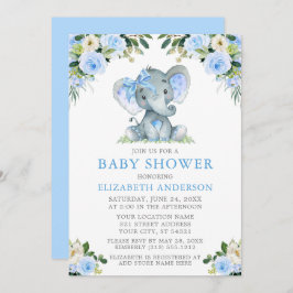 Waterverf Blue Floral Baby shower Elephant Silver Kaart