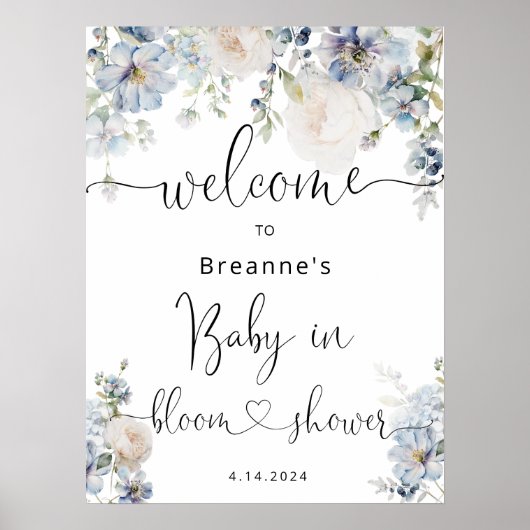 Waterverf Blue Floral Baby shower Welkom Poster (Voorkant)