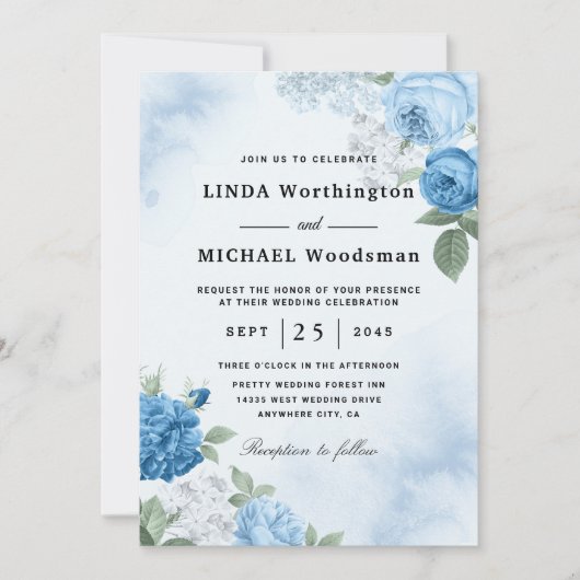 waterverf blue floral bruiloft kaart (Voorkant)