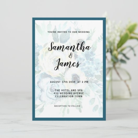 Waterverf Blue Floral Elegant Wedding Invitation Kaart (Staand voorkant)