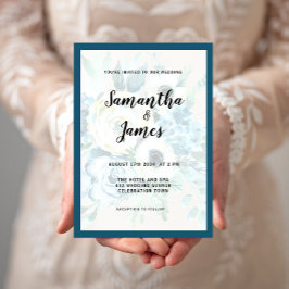 Waterverf Blue Floral Elegant Wedding Invitation Kaart