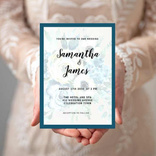 Waterverf Blue Floral Elegant Wedding Invitation Kaart