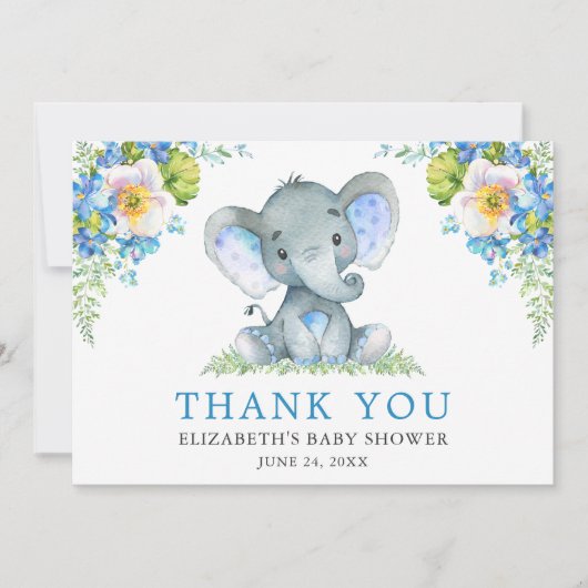 Waterverf Blue Floral Elephant Baby shower Bedankkaart (Voorkant)
