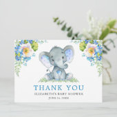 Waterverf Blue Floral Elephant Baby shower Bedankkaart (Staand voorkant)