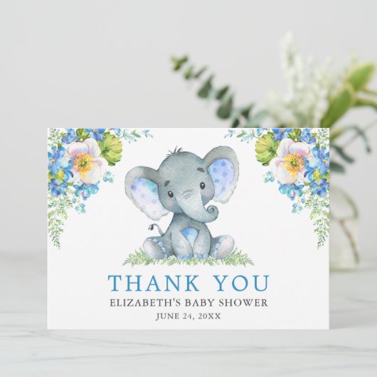 Waterverf Blue Floral Elephant Baby shower Bedankkaart (Staand voorkant)