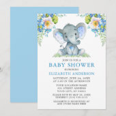 Waterverf Blue Floral Elephant Baby shower Kaart (Voorkant / Achterkant)