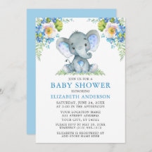 Waterverf Blue Floral Elephant Baby shower
