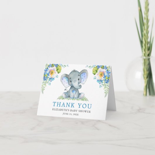 Waterverf Blue Floral Elephant Baby shower Note Bedankkaart (Voorkant)