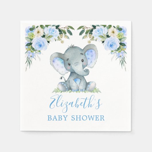 Waterverf Blue Floral Elephant Baby shower Servet (Voorkant)