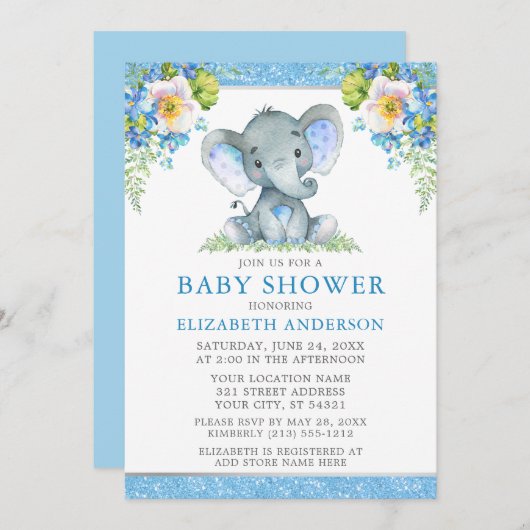 Waterverf Blue Floral Elephant Shower Glitter Kaart (Voorkant / Achterkant)