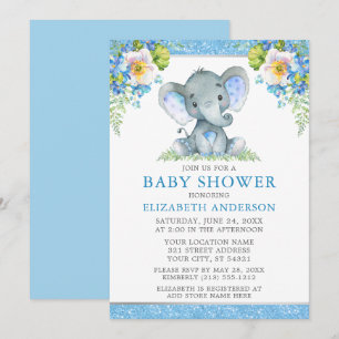 Waterverf Blue Floral Elephant Shower Glitter Kaart
