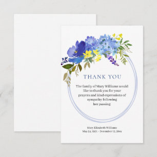 Waterverf Blue Floral Funeral Hartelijk dank Bedankkaart