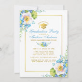 Waterverf Blue Floral Gold Afstudeerder Party Invi Kaart (Voorkant)