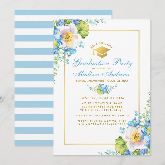 Waterverf Blue Floral Gold Afstudeerder Party Invi Kaart (Voorkant / Achterkant)