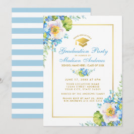 Waterverf Blue Floral Gold Afstudeerder Party Invi Kaart