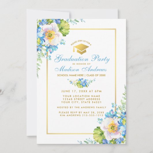 Waterverf Blue Floral Gold Afstudeerder Party Uitn Kaart (Voorkant)