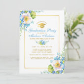 Waterverf Blue Floral Gold Afstudeerder Party Uitn Kaart (Staand voorkant)