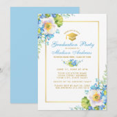 Waterverf Blue Floral Gold Afstudeerder Party Uitn Kaart (Voorkant / Achterkant)