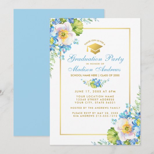 Waterverf Blue Floral Gold Afstudeerder Party Uitn Kaart (Voorkant / Achterkant)