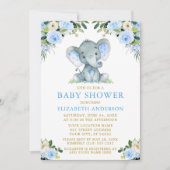 Waterverf Blue Floral Gold Baby shower Elephant Kaart (Voorkant)