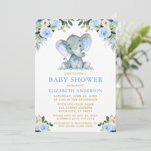 Waterverf Blue Floral Gold Baby shower Elephant Kaart (Staand voorkant)