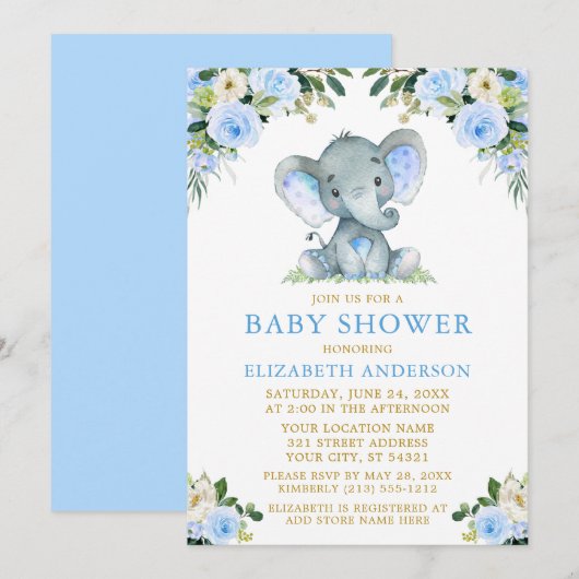 Waterverf Blue Floral Gold Baby shower Elephant Kaart (Voorkant / Achterkant)