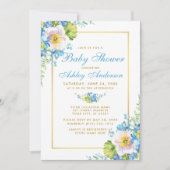 Waterverf Blue Floral Gold Baby shower Invitation Kaart (Voorkant)