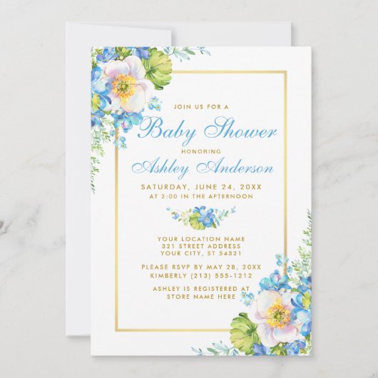Waterverf Blue Floral Gold Baby shower Invitation Kaart (Voorkant)