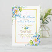 Waterverf Blue Floral Gold Baby shower Invitation Kaart (Staand voorkant)