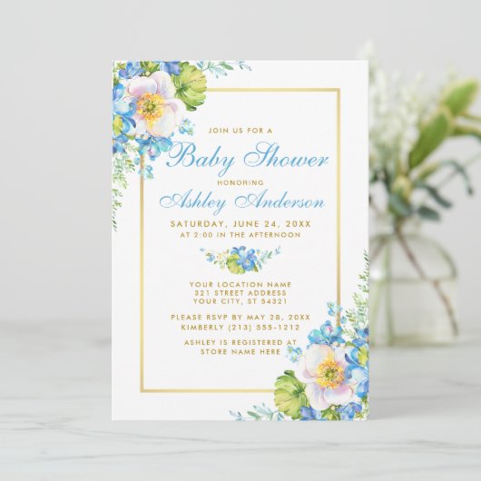 Waterverf Blue Floral Gold Baby shower Invitation Kaart (Staand voorkant)