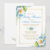 Waterverf Blue Floral Gold Baby shower Invitation Kaart (Voorkant / Achterkant)