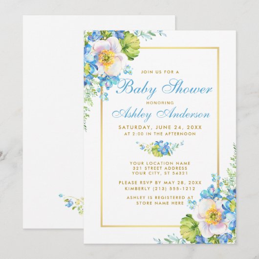 Waterverf Blue Floral Gold Baby shower Invitation Kaart (Voorkant / Achterkant)
