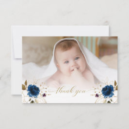 Waterverf Blue Floral Gold Boy Foto Baptisme Bedankkaart