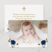 Waterverf Blue Floral Gold Boy Foto Baptisme Bedankkaart (Voorkant / Achterkant)