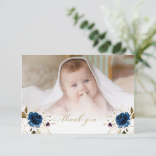 Waterverf Blue Floral Gold Boy Foto Baptisme Bedankkaart