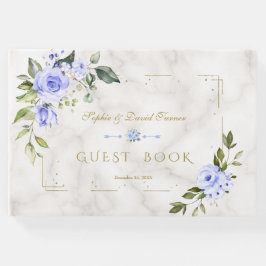 Waterverf Blue Floral Gold Glitter Marble Wedding Gastenboek