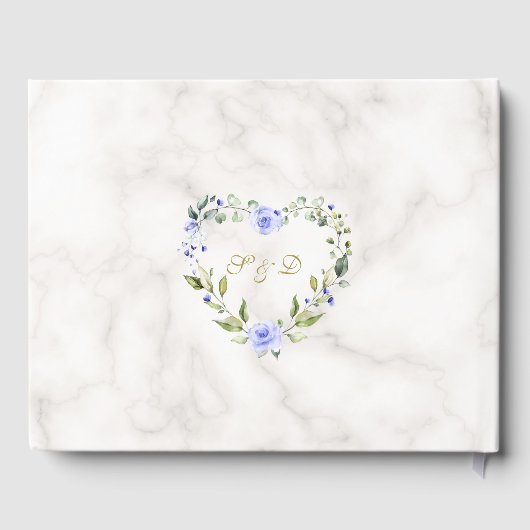 Waterverf Blue Floral Gold Glitter Marble Wedding Gastenboek (Achterkant)