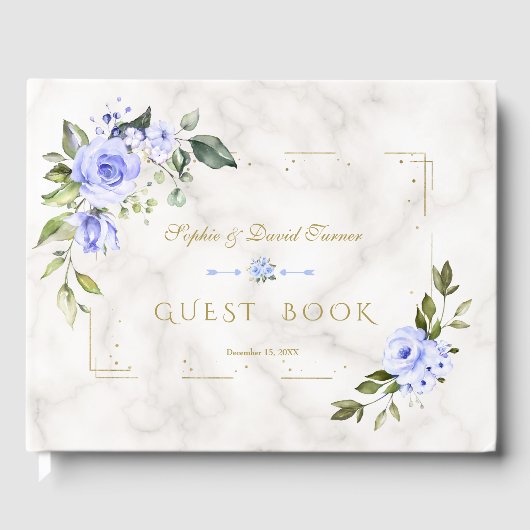 Waterverf Blue Floral Gold Glitter Marble Wedding Gastenboek (Voorkant)