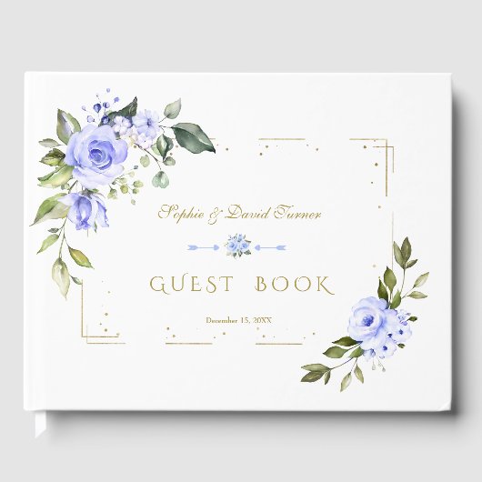 Waterverf Blue Floral Gold Glitter Navy Wedding Gastenboek (Voorkant)