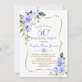 Waterverf Blue Floral Gold Lijst 50th Birthday Kaart