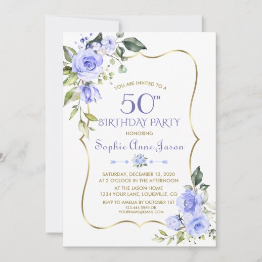 Waterverf Blue Floral Gold Lijst 50th Birthday Kaart (Voorkant)