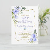 Waterverf Blue Floral Gold Lijst 50th Birthday Kaart (Staand voorkant)