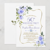 Waterverf Blue Floral Gold Lijst 50th Birthday Kaart (Voorkant / Achterkant)