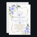 Waterverf Blue Floral Gold Lijst 50th Birthday Kaart<br><div class="desc">IEDERE LEEFTIJD! Elegant kaartontwerp met waterverf delicate blauwe bloemen en groene bladeren, een faux gouden lijst, florale verdeler, tegen een witte achtergrond. Op de achterblauwe bloemen boeket. Het gebruik personaliseert hulpmiddel om uw info toe te voegen, doopvonten, de kleuren van de doopvont te veranderen. Ga naar het Collectie Blue Floral...</div>