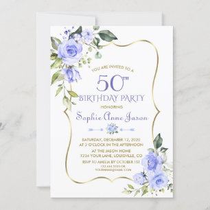 Waterverf Blue Floral Gold Lijst 50th Birthday Kaart